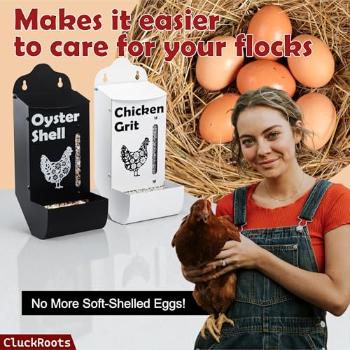 CluckRoots Chicken Grit and Oyster Shell Feeder Combo, No-Spill Metal | Lift-Off Heavy-Duty Dispenser w/ Rain Lid View Window, Small Flocks Capacity, Chicken Coop Accessories Gifts for Lovers - color: Combo-Black/White