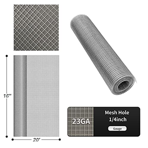 Hardware Cloth 16'' x 20' 1/4 in Galvanized Wire Mesh Roll (23 GA) Chicken Wire Fence Roll for Chicken Pen/coop Fences, Screen mesh, Rabbit/Snake Fences, Poultry enclosures, Handicraft Making, etc. - size: 16In x 20Ft