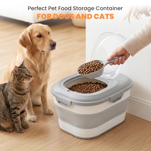 28 Lbs Dog Food Storage Container, Collapsible Cat Food Container | Airtight Pet Food Storage Containers with Wheels, Clear Window, Measuring Cup and Scoop, BPA Free for Rice, Flour, Bird Seed - color: Grey/28lbs