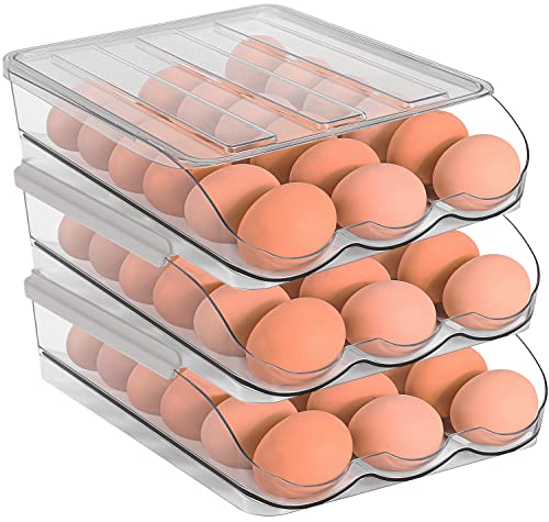 Sooyee 3 Layer Ramp Type Auto Rolling Egg Holder Storage Container for Refrigerator Organizer, Large Egg Container Bin, Clear, Food Grade PET - size: 3 Layer
