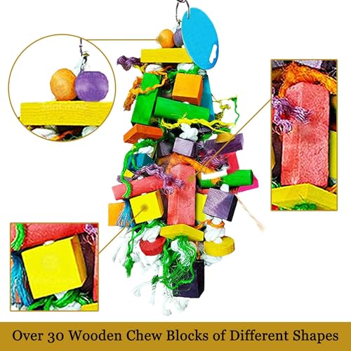 SunGrow Parrot Wooden and Rope Chewing Toy, Multi-Shaped and Multicolored Blocks and Cotton Rope with Hanging Loop (6 Inches)
