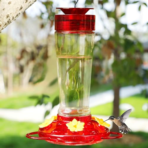 Shrdaepe Hummingbird Feeder, Glass Bottle Bird Feeders, 5 Feeding Ports, 10-Ounce Nectar Capacity, 2 Pack - color: Red & Yellow Flowers