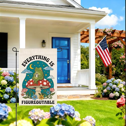 RZHV Everything is Figureoutable Double-Sided Garden Flag for Outdoor House Yard Sign Garden Decor Parade, Mushrooms Frog Vertical Yard Sign, Housewarming Gifts for Frog Lover Friends Neighbor - color: Figureoutable