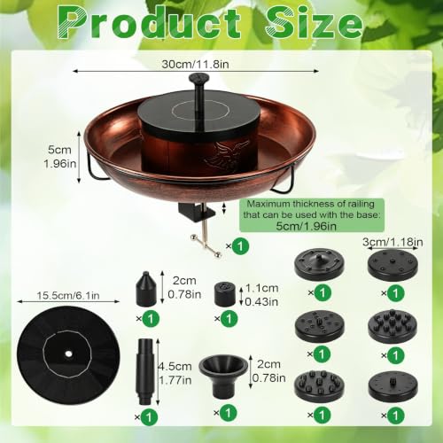 Deck Mounted Metal Bird Bath with Solar Fountain, Oval Clamp-On Bird Bath for Railing up to 3.9 Inch, Adjustable Balcony Birdbath for Patio Garden Yard Deck