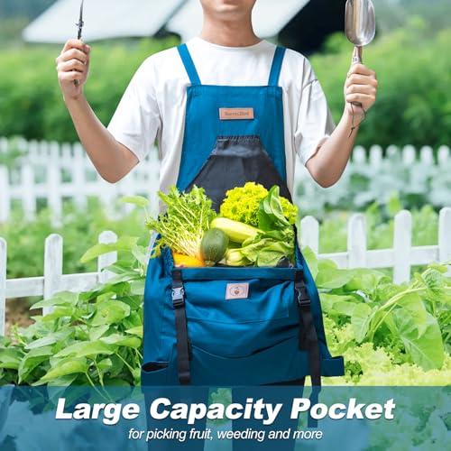 Berry&Bird Harvest Apron, Canvas Gardening Apron with Pockets and Harvesting Pouch Waterproof Harvesting Apron - color: Blue