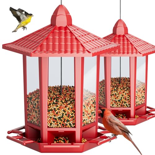 Birdream 2 Pack Bird Feeders for Outdoor Hanging, Retro Pagoda Design Fun Installation Bird Feeder, Attracting Wild Birds Chickadees Goldfinches Cardinals Finches and Sparrows - Red - color: Red, size: 2 PACK