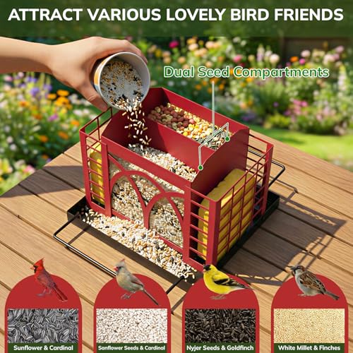 Bird Feeders for Outdoors Hanging, Metal Bird Feeder with Double Suet Cage Weatherproof Metal Roof, 3.5Lbs Large Capacity Great for Attracting Finch Cardinal Chickadee Wild Birds, Berry Red - color: Berry Red