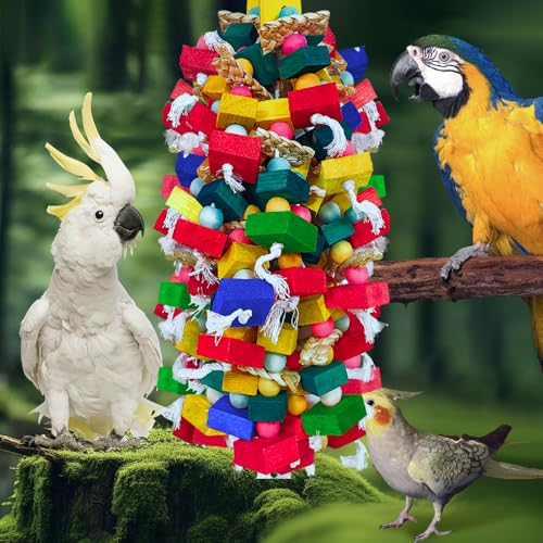 Extra Large Bird Toys for Macaws Cockatoos Amazons Chew - Natural Wood Parrot Chewing Toy with Foraging, Bird Cage Activity Center - color: Multicolor