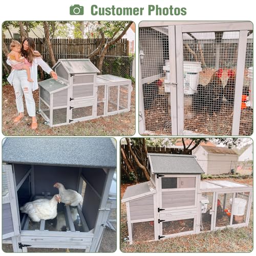 Mobile Chicken Coop with Wheels for 4-6 Chickens, Large Outdoor Hen House with Run, Weatherproof Asphalt Roof, Sectionable Nesting Box, Pull-Out Tray, 78" L x 27.6" W x 45" H - Grey - size: 78.0"L x 27.6"W x 45.0"H