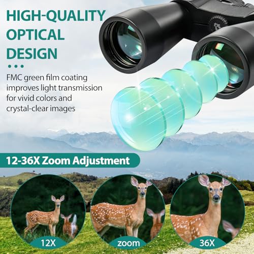12-36x60 Zoom Binoculars for Adults High Power, Low Light Night Vision, BAK4 Prism with FMC Lens, Waterpoof, HD Professional Binoculars for for Bird Watching Hunting Travel Concerts & Sports - size: Black(12-36X60)