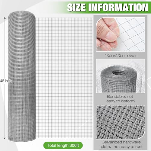 Tatuo Hardware Cloth 1/2 Inch 48 in x 300 ft Hot Dip Galvanized After Welded Cage Mesh Rolls 21 Gauge Metal Chicken Wire Roll Wire Fencing Poultry Netting for Raised Garden Rodent Animals(Silver) - color: Silver, size: 48in X 300ft