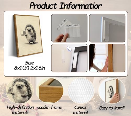 Floating Framed Funny Bathroom Canvas Wall Art, Hedgehog Holding Toilet Paper Painting Picture Wall Decor, Vintage Cute Animal Sketch Poster Print Artwork for Restroom, Home Decoration 12x16in - color: Bathroom Hedgehog, size: 16"L x 12"W