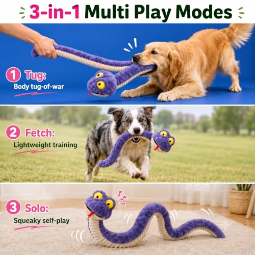 Squeaky Dog Plush Chew Toy, Interactive Tug Squeaky Toy for Chewers, Medium & Large Dogs & Fetch Play, 39.4 in Stuffed Silly Snake Toy with Elastic Stretchable Body for Gentle Gum Care&Boredom Relief - color: Purple (Silly Snake)