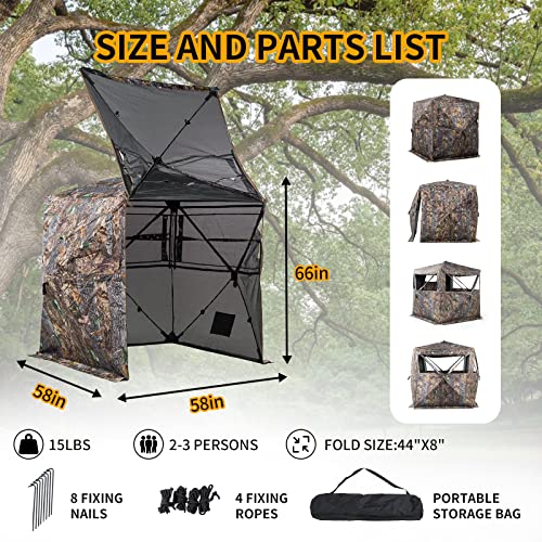 Hunting Blind 270/360 See Through Deer Blind, Pop Up Ground Blind | 2/3/4 Person Camouflage Tent, Portable Concealed Shelter with Carrying Bag, Silent Sliding Windows, Windproof Bottom Layer - size: 2-3 Person, style: 360