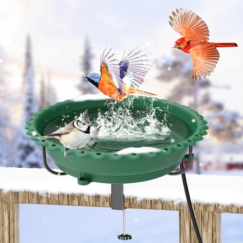 Heated Bird Bath for Outdoors,Deck Railing Heated BirdBaths,Green | Upgraded 100W,Thermostatically Controlled,Adjustable Clamp 3.2",Easy Clean/Install,Detachable Bowl,Garden Yard Patio Lawn - color: Green