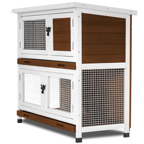 2 Story Rabbit Hutch, Indoor Outdoor Bunny Hutch Solid Wood Rabbit Cage with Removable Trays, Waterproof Asphalt Roofs and Ventilation Door, Small Animal House for Rabbit Guinea Pig Ferret, Walnut - color: Walnut