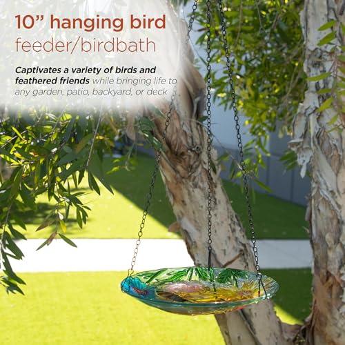 Alpine Corporation KBD126 Outdoor Hanging Glass Bird Feeder and Birdbath, Floral and Bee Bowl Design with Chain, 10" W - style: Floral and Bee