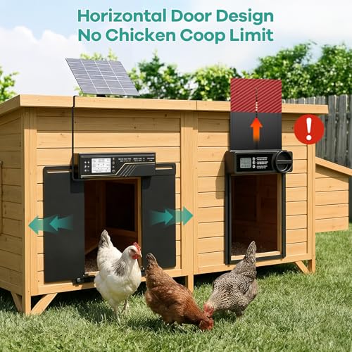 7W Solar Powered Automatic Chicken Coop Door, Aluminum Horizontal Dual-Door | Large Auto Chicken Door Opener, 4 Modes with Timer & Light Sensor, Anti-Pinch Poultry Door with Remote Control