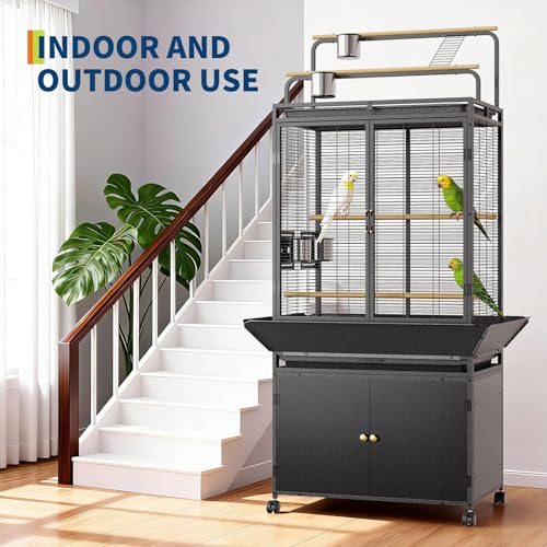 Spacious Rolling Bird Cage with Play Top & Storage Cabinet,Sturdy Metal Flight Cage with Stand & Wheels,Indoor/Outdoor Use, for Parrot, Macaw, Cockatiel, Budgie