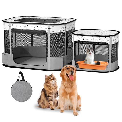 Portable Cat Playpen, Foldable Pet Dog Playpen, for Kitten Puppy Play Pen Indoor/Outdoor, Cats Enclosure Cages Tent with Carrying Case, 600D Oxford 8-Rods, 32"x24"x22", Grey - color: Grey
