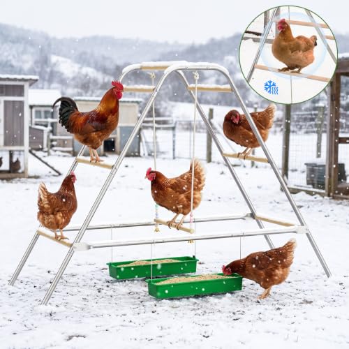 Wooden Chicken Roosting Bars with Swing & 2 Feeders | Chicken Perch Stand Coop Accessories for Outdoor Chicken Playground, Exercise Toy for Backyard Poultry Farm, Easy Assembly