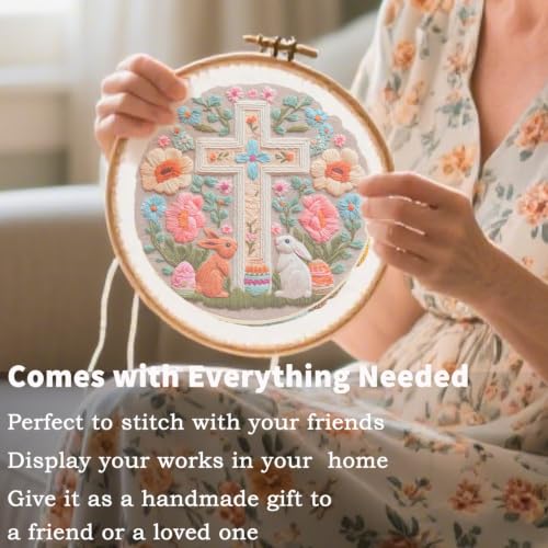 FONNUY Easter Rabbit Floral Cross Embroidery Kit, Easter Egg Happy Rabbits Bunny Stamped Pattern Kits for Audlt Beginners, Hand Works Crafts, 8 x 8'' (Happy Bunny 03) - color: Happy Bunny 03