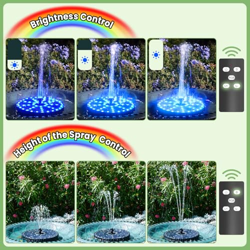 Yzert Remote Solar Fountain Adjust Spray Height with Fantastic Colorful Lights, 2026 6W Solar Bird Bath with 4000 mAh Battery, Solar Water Fountain Pump for Outdoor, Garden Decor, Pond, Pool (54LEDs) - color: 54leds