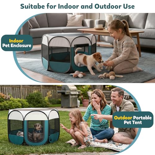 Portable Pet Playpen for Cat Dog: Foldable Cat Playpen Enclosed Up to 40lbs | Large Pop Up Indoor Outdoor Kennel for Puppy Kitten, Carry Case, Removable Zipper Top, 600D Oxford, Waterproof Base, Camping - style: L [44.9" × 44.9" × 22.8"]