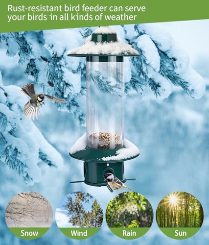Squirrel Proof Bird Feeders for Outdoor: 4.8LB Large Capacity Hanging Bird Feeder, Weight-Activated Mechanism Wild Bird Feeders, Chew-Proof Metal Birdfeeder for Finch Cardinal Chickadee - color: Blue