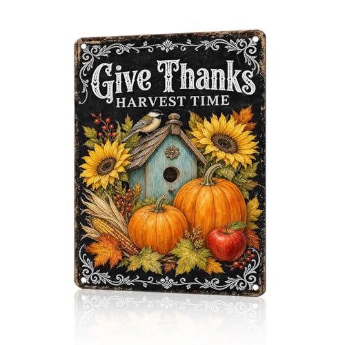 Give Thanks Birdhouse Tin Sign Sunflower Pumpkin Fall Wall Art for Kitchen Dining Room Living Room Porch Entryway and Rustic Farmhouse Home Decor 16 * 12In - color: Vintage Thanksgiving Tin Sign 10, size: 30X40cm(12*16in)