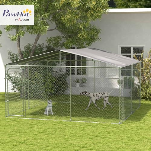 PawHut Outdoor Dog Kennel for Large Breeds 13' x 13' x 7.5' | Heavy Duty Dog Run Outdoor Fence, Waterproof Cover, Galvanized Chain Link, Secure Lock, for Chickens, Ducks - size: 157.5"L x 157.5"W x 91.3"H