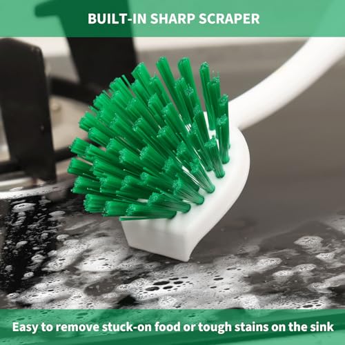 Dish Brush with Handle, 2 Pack Scrub Brushes, Green | Built-in Scraper, For Cleaning Kitchen, Pots, Pans and Sink, Scrubber Washing Tools - color: Green