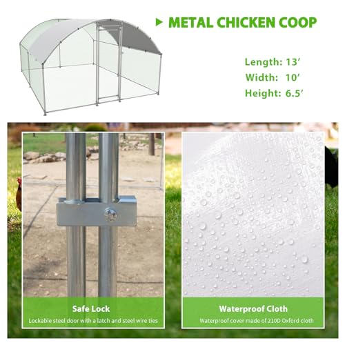 NUGRIART Large Metal Chicken Coop Walk-in Poultry Cage with Water-Resident and Anti-UV Cover Duck Rabbit Cat House Outdoor Chicken Run Pen with Round Roof - size: 13’L×10’W×6.5’H