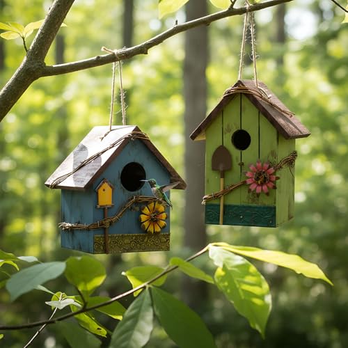 DoubleFill 2 Pcs Birdhouses for Outdoor Hanging Yard Outside Wooden Birdhouse Hand Painted Bird Box for Bird Lovers Bluebird Tree Garden Decor Decorative Birdhouse(Red,Blue,Wooden Roof) - color: Red,Blue, size: Wooden Roof