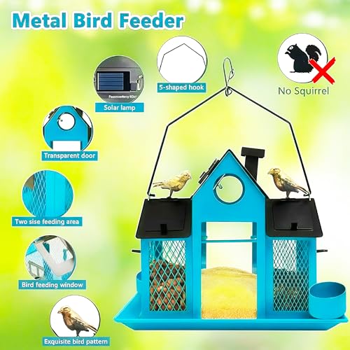 Solar Bird Feeders House for Outside Hanging, Metal Wild Bird Feeder for Outdoors Large Capacity Cardinal Birdfeeder Birdhouses Metal Bird Feeding Station Blue - color: blue