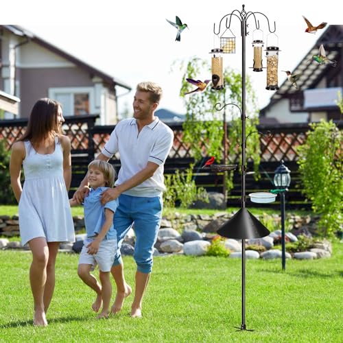 YINGYM 6-Hook Bird Feeding Station Kit with Squirrel Baffle, 94 Inch | Wild Bird Feeder Pole, Multi-Feeder Hanging Kit Stand with Bird Bath, Mesh Tray and Baffle Guard for Patio, Lawn & Garden - size: 94 Inches with Squirrel Baffle