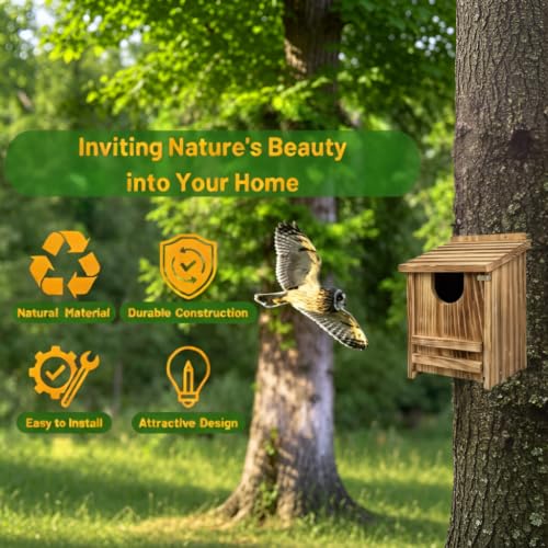 Carbonized Pine Owl Nesting Box, Outdoor Owl House 14"x9"x9" | Owl box with wood shavings, easy install. Natural wood, practical gift for bird and wildlife lovers.