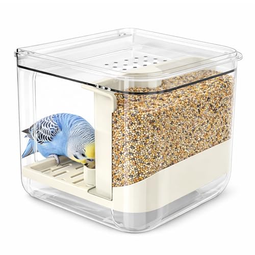 No Mess Bird Feeder for Cage Automatic Bird Seed Feeder | Seed Cube for Bird Cage with Perch & Transparent Food Container Parakeet Cage Accessorie for Parrots Budgies Lovebirds Canary