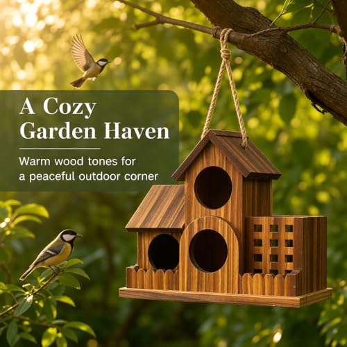 Outdoor Wooden 3 House Bird House, Carbon Wood for Hummingbirds Blue Birds and Other Small Birds, with Cleaning Gate, Food Storage, Garden Forest Natural Bird Watching Decoration