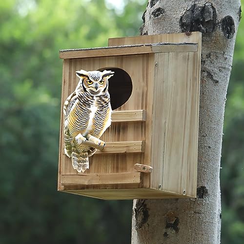 Owl Houses for Outdoors, Prebuilt Outdoor Nesting Box for Owls,Waterproof | Easy-clean access with asphalt roof, screws and wood shavings included, Ideal for Owls, Wildlife, Garden Decoration