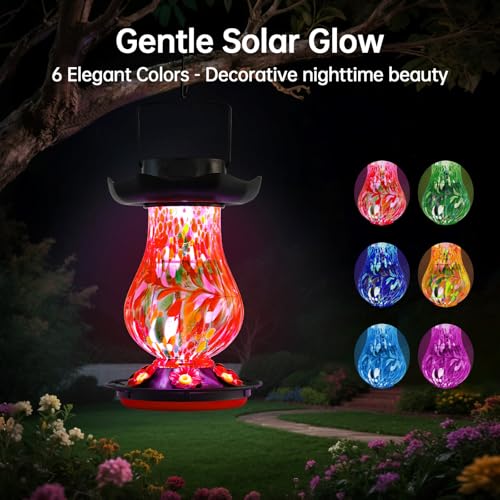 DesGully Solar Hummingbird Feeder for Outdoor - 25 fl.oz Hand Blown Glass Hummingbird Feeders for Outdoors Hanging, Large Capacity with Moat, 6 Colors Changing Light Outside Garden Decor (Red) - color: Red