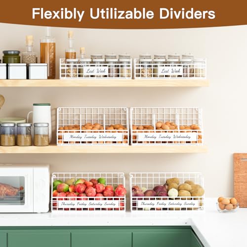 Egg Basket, Stackable Wall Mount Countertop Egg Holder with Weekday Labels | Rustproof carbon steel basket with adjustable dividers, ideal for farm eggs, backyard poultry, small kitchen & pantry storage - color: White, size: 3-Tier（with printed labels）