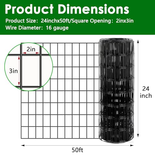 Black Hardware Cloth 2 x 3inch, 24in x 50ft 16 Gauge, PVC Coated Galvanized Steel Chicken Wire Fence Roll Garden Plant Welded Metal Wire Fencing Roll, Rabbit Cages Snake Fence,Black - size: 2x3 inch 24in x 50ft
