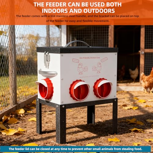 Automatic Chicken Feeder No Waste 35 Pounds 6 Ports Metal Poultry Feeder with Latch & Handle Adjustable Height Heavy-Duty Stand - Outdoor Feeding Station for Chickens, Ducks & Geese