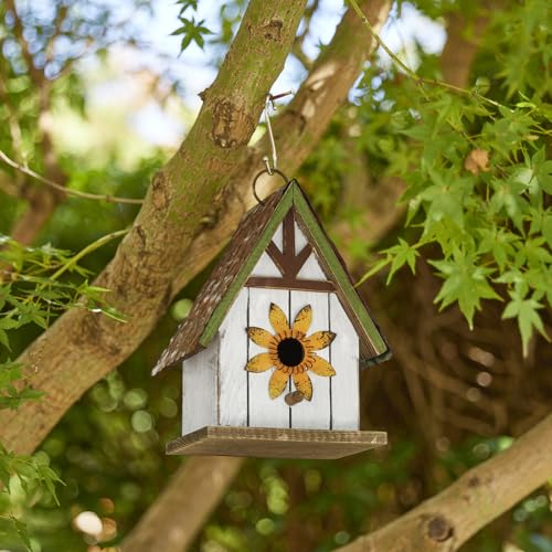 Glitzhome Bird Houses for Outside, Blue Bird Houses for Outdoors, 8.25" H Solid Wood Decorative Hanging Bird House Distressed Cottage Outdoor Garden Birdhouse with 3D Metal Roof and Flower - color: 8.25"H Flower