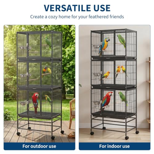 TrailBlaze Heavy Duty Carbon Steel Bird Cage - 74 Inch Stackable Aviary with 3 Dividable Compartments, Removable Trays, Spacious Flight Enclosure for Parakeets, Cockatiels, Conures, Finches - Silver - color: Black