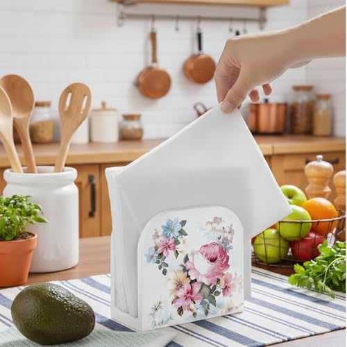 Pastel Elegant Flower Wood Napkin Holder, Spring Floral Botanical Wooden Standing Napkin Dispenser for Table Home Kitchen Dining Room Party Cafe Bar Decorations - color: Pastel Flower