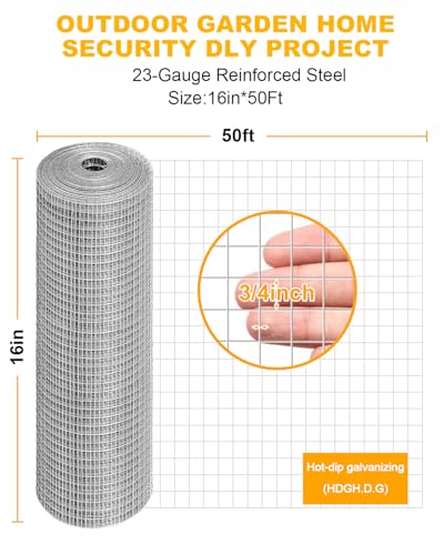 16in x 50ft Hardware Cloth 1/2 inch Chicken Wire Fencing Mesh | Hot-Dip Galvanized Welded Heavy Duty 23 Gauge steel for Garden, Rabbit Cage, Rodent Poultry Enclosures & Predator Protection - size: 16in×50ft