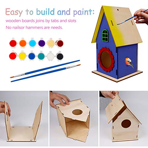 Glintoper Art Craft Wood Toys for Kids, 4 Pack DIY Bird House Kit Painting Puzzle DIY Wooden Assembly, Build and Paint Birdhouse, Include Paints & Brushes, Wooden Arts for Girls Boys Toddlers