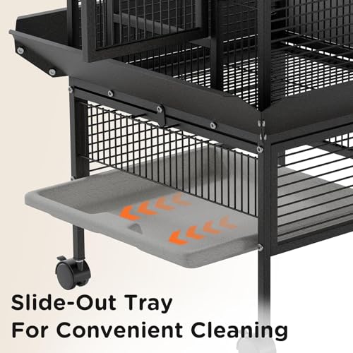 60" Large Wrought Iron Bird Cage with Rolling Stand, Play Top & 4 Stainless Steel Bowls, Metal Parrot Cage for African Grey, Cockatiel, Conure, Lovebird, Budgie, Black